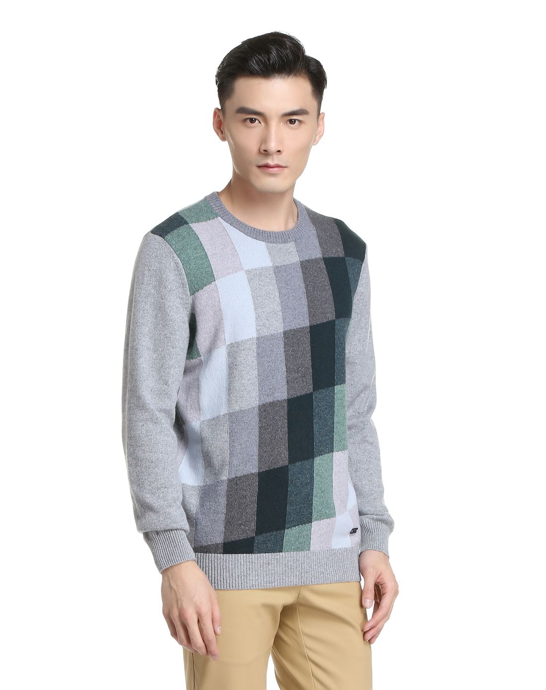 淡灰/绿色休闲百搭长袖山羊绒衫