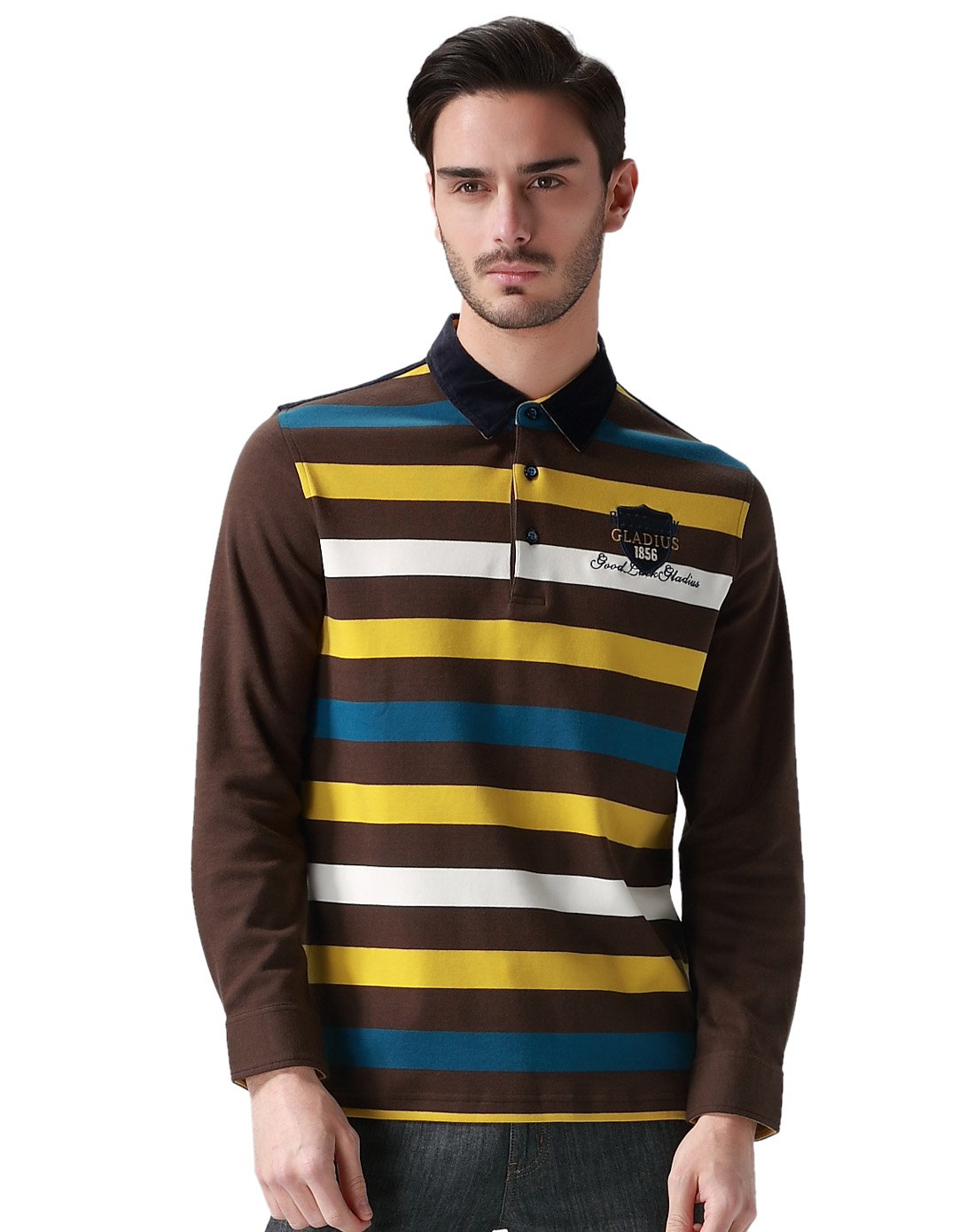 德鲨good luck gladius男装专场 男士翻领棕色条纹休闲纯棉长袖t恤