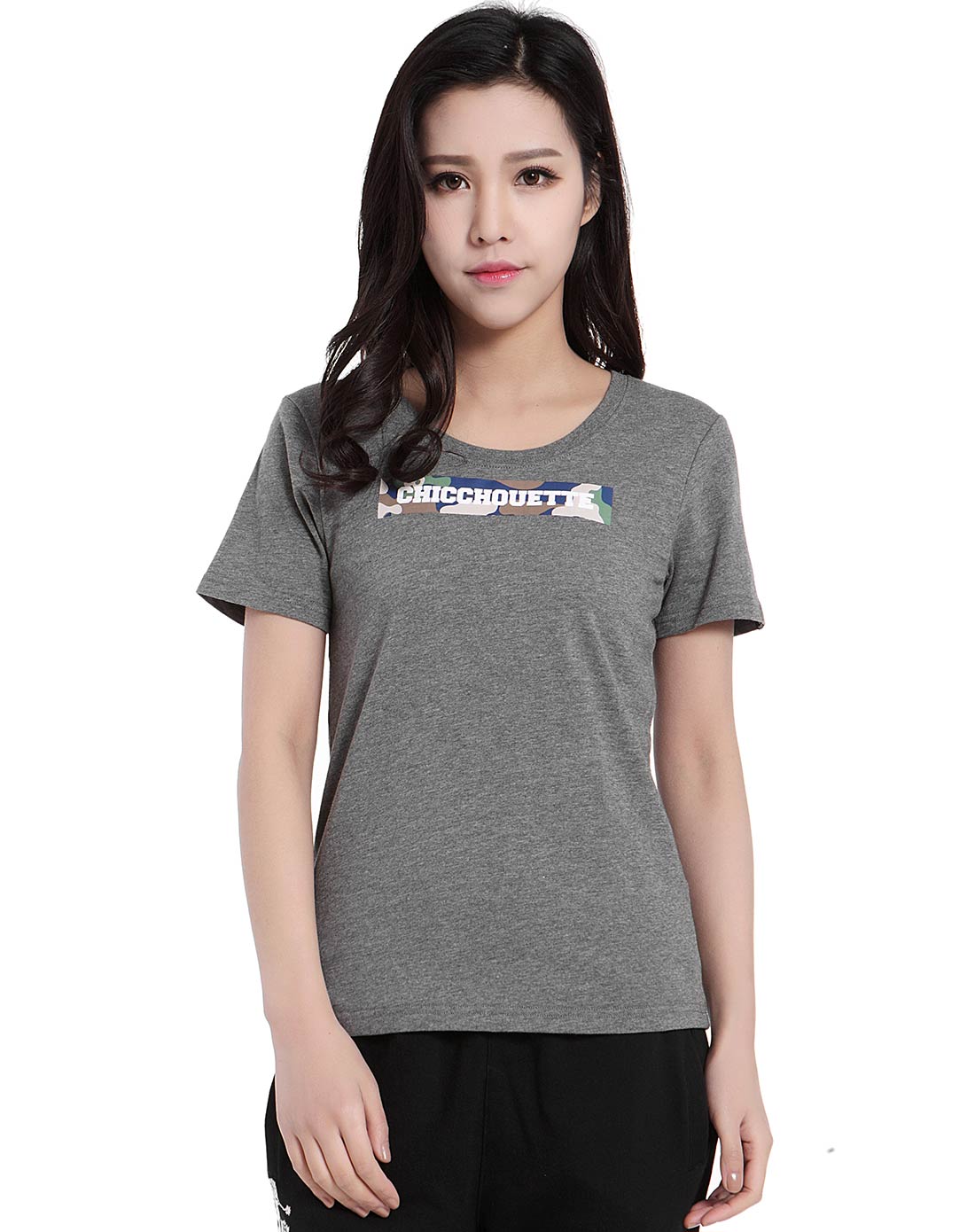 全棉 女式深麻灰t恤 圆领短袖