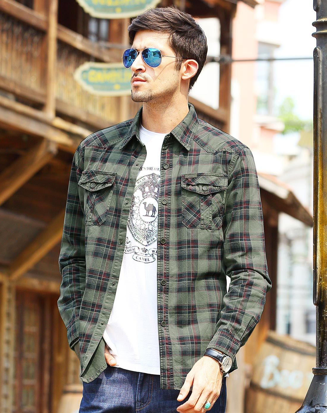 男款绿格色长袖衬衫 时尚纯棉格子修身