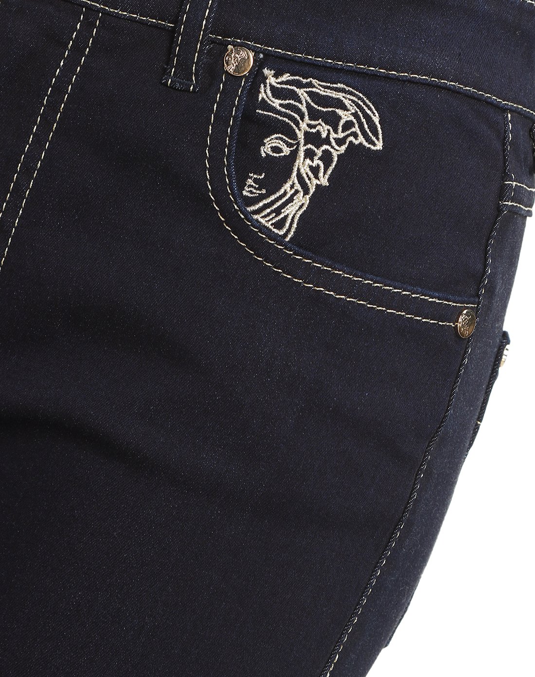 versace collection女款黑色人面金丝刺绣直筒牛仔裤