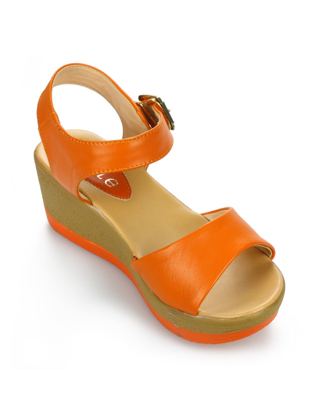 橙色牛皮简约搭带舒适坡跟凉鞋