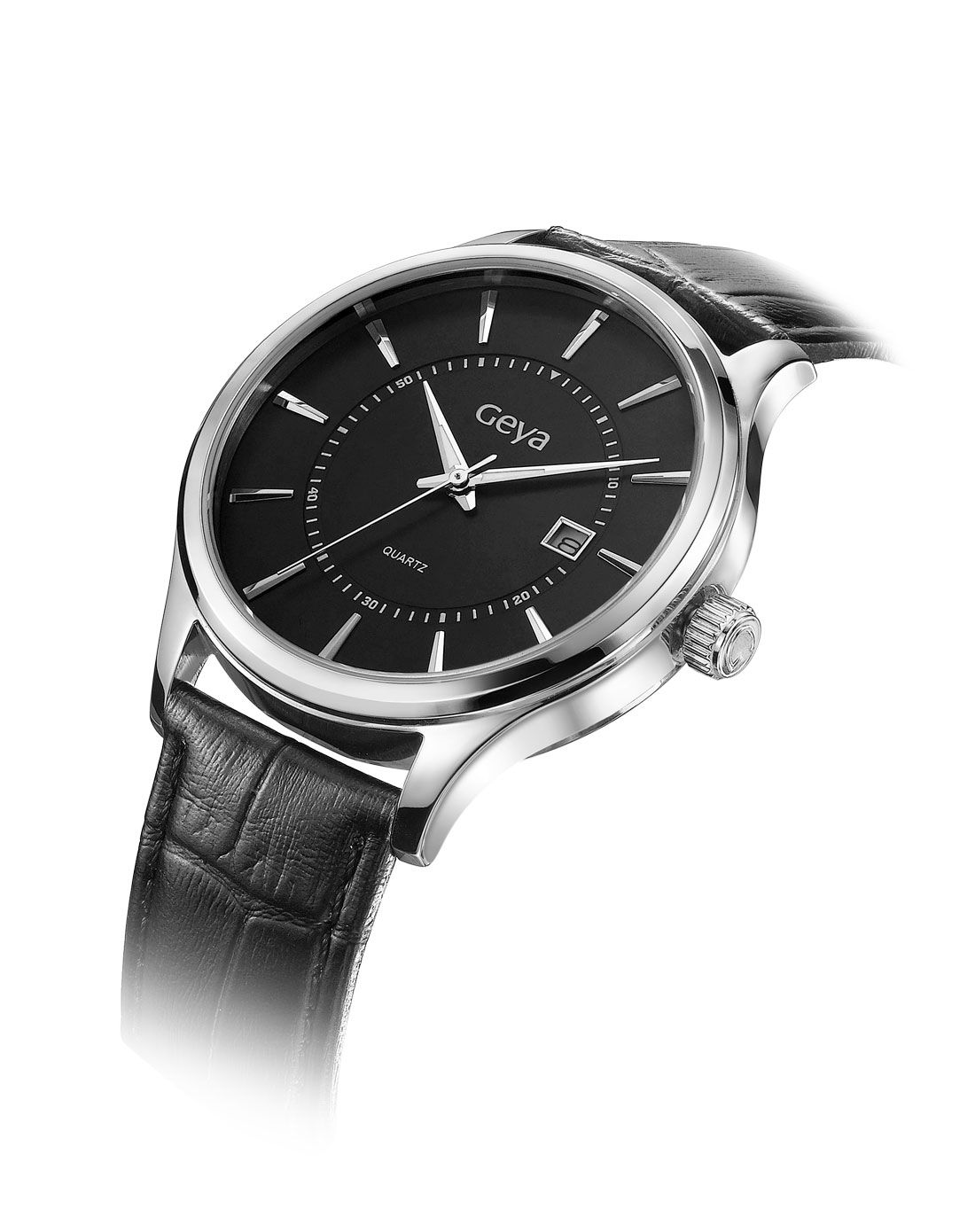 格雅 时尚款石英黑盘真皮男表