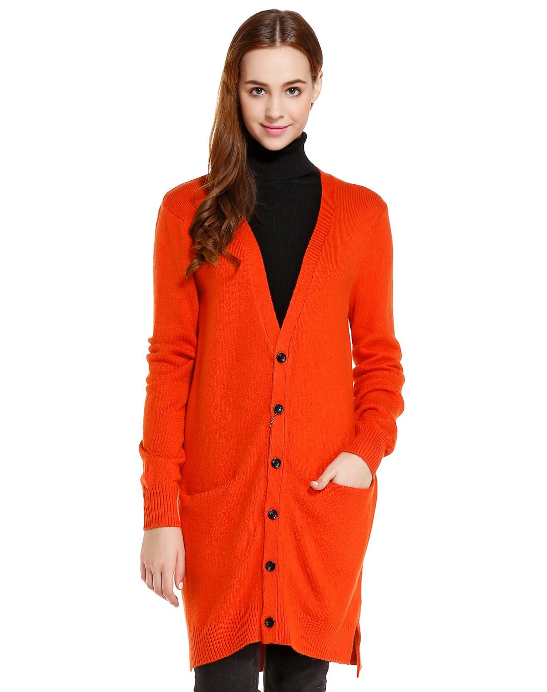 > b ab深橙红色艳丽时髦长袖针织外套