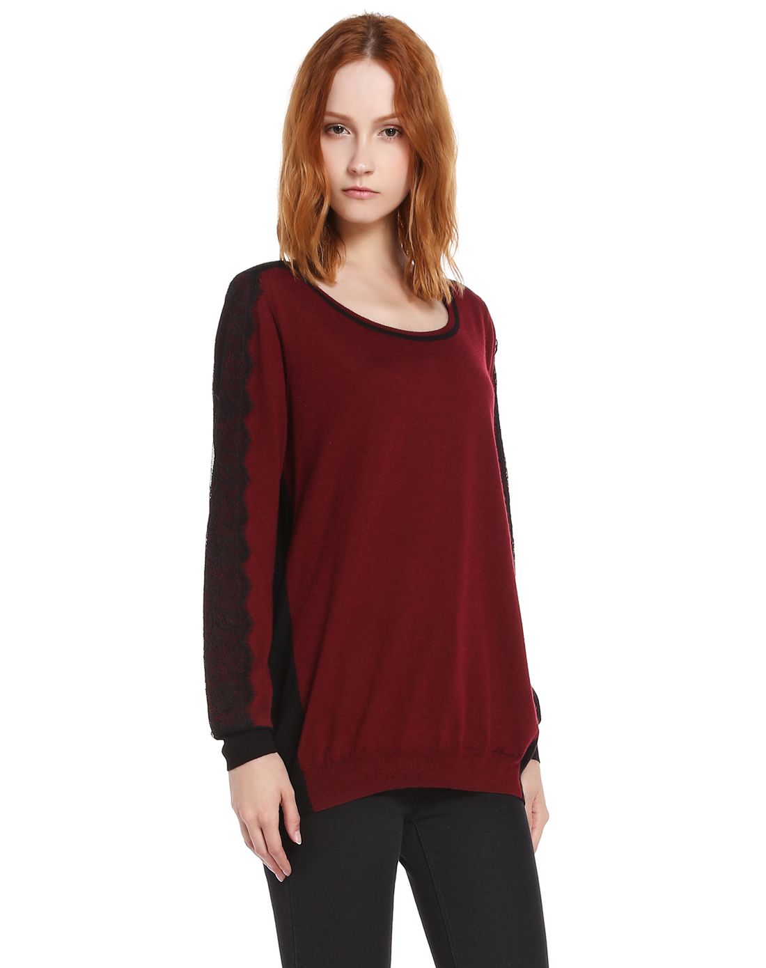 atsuro tayama女款黑/酒红色时尚蕾丝设计长袖针织衫