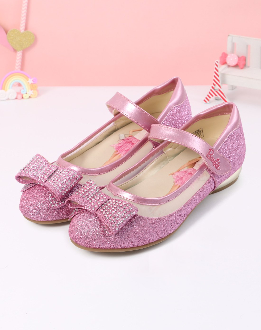 芭比女童粉色蝴蝶结公主鞋