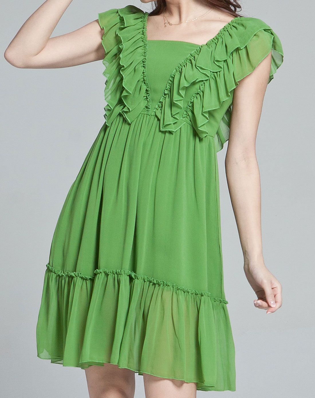 绿色仙飘逸无袖纯色雪纺连衣裙