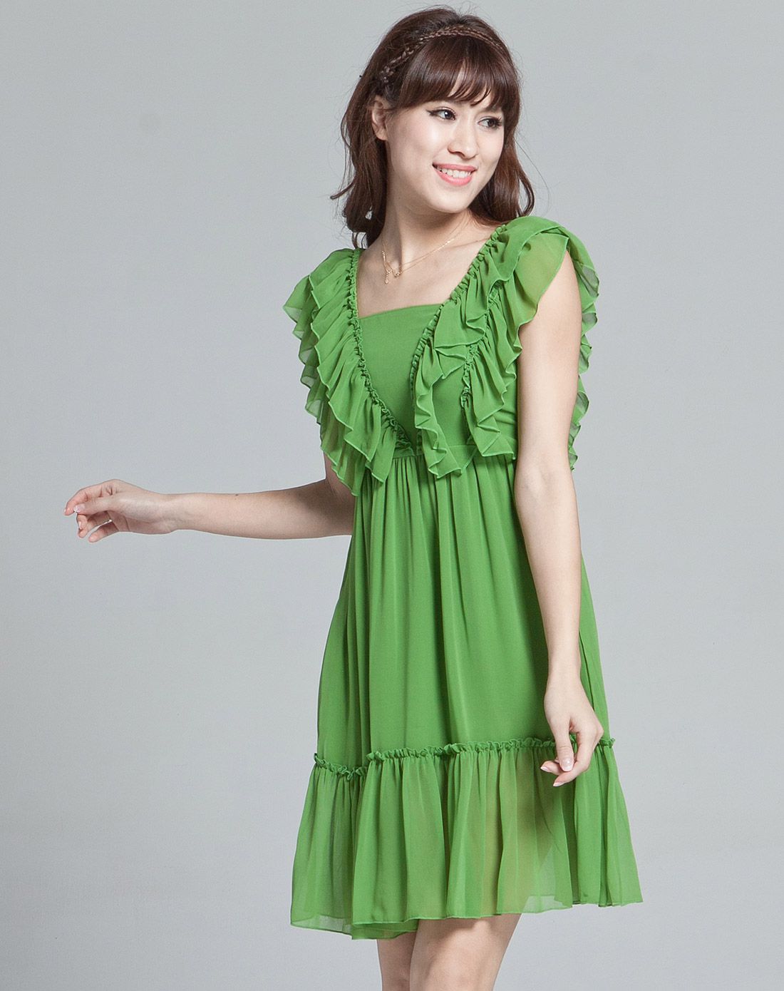 绿色仙飘逸无袖纯色雪纺连衣裙