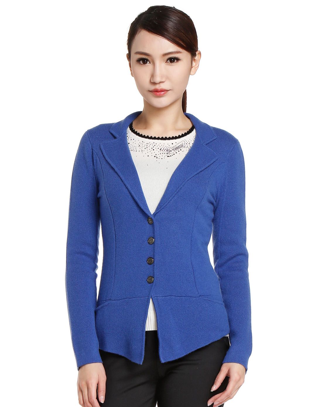 女款中酞蓝色魅力百搭开襟长袖针织衫