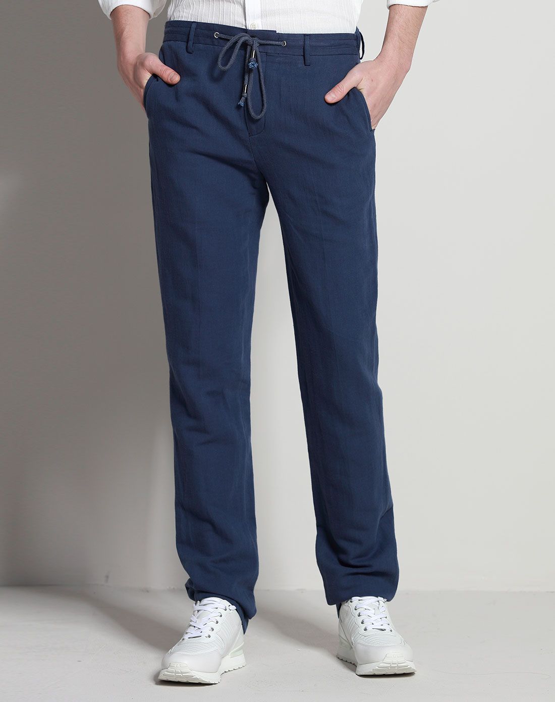 深湖蓝色 棉麻男士修身休闲长裤