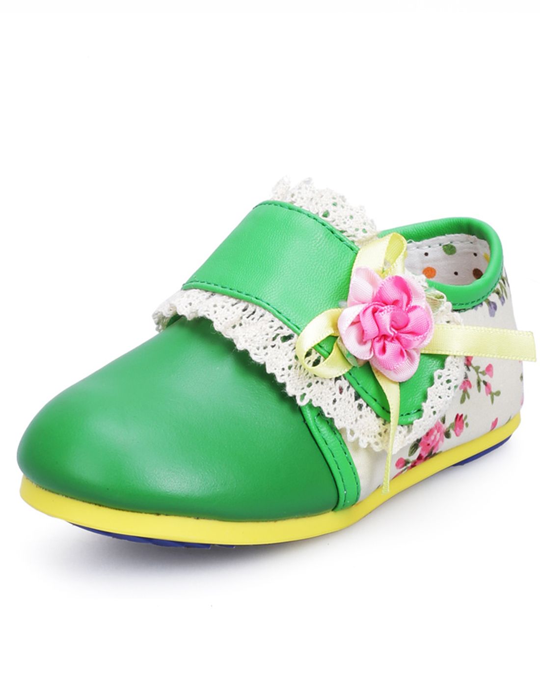 女童绿色多彩花边小花粉嫩女宝宝鞋