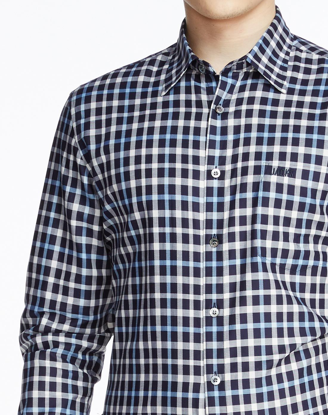男士蓝色时尚格子长袖衬衫