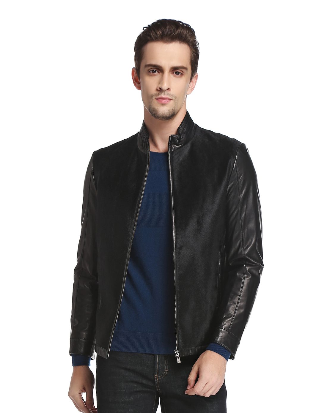 夏利豪charriol黑色立领时尚拼接长袖皮衣c83-219046199_唯品会