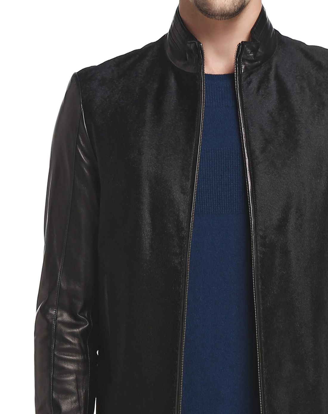 夏利豪charriol黑色立领时尚拼接长袖皮衣c83-219046199_唯品会