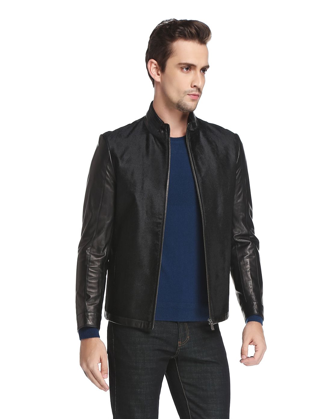 夏利豪charriol黑色立领时尚拼接长袖皮衣c83-219046199_唯品会