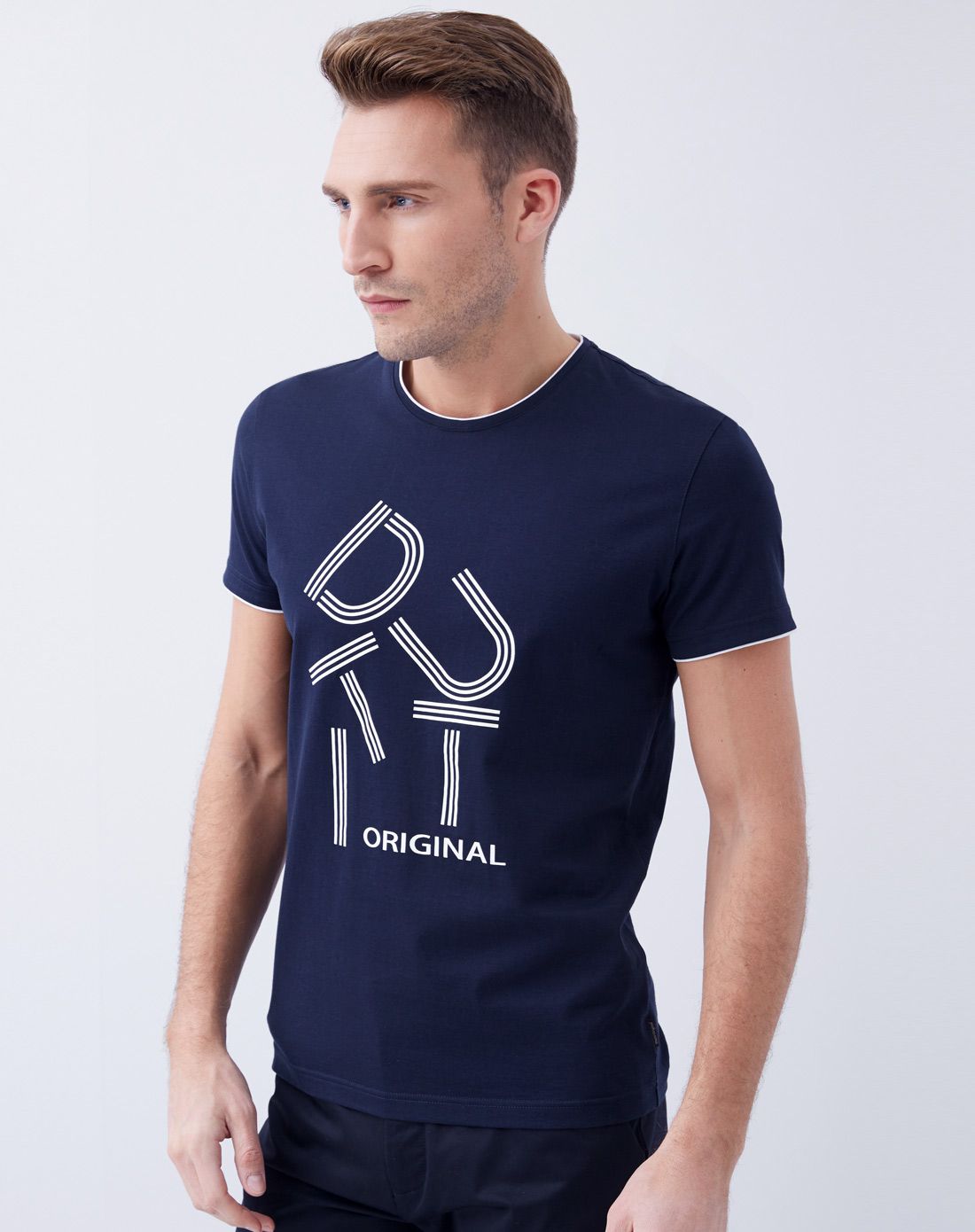 阿格纳dutti original男装专场 蓝色时尚纯棉个性印花圆领短t