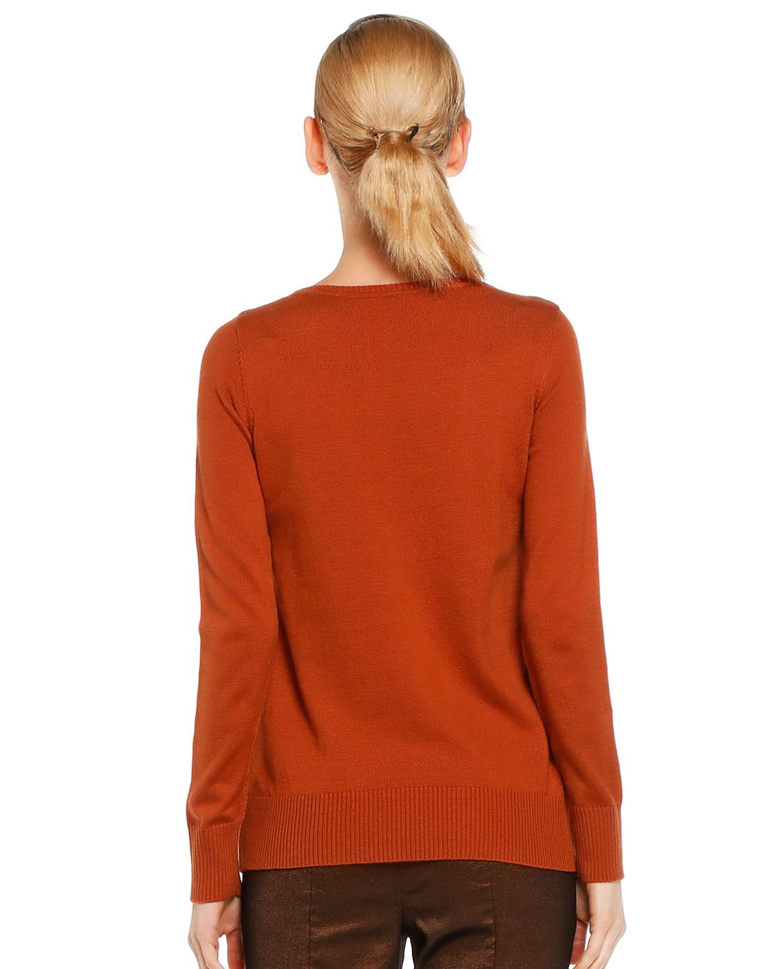 深橙红色圆领百搭休闲长袖针织衫