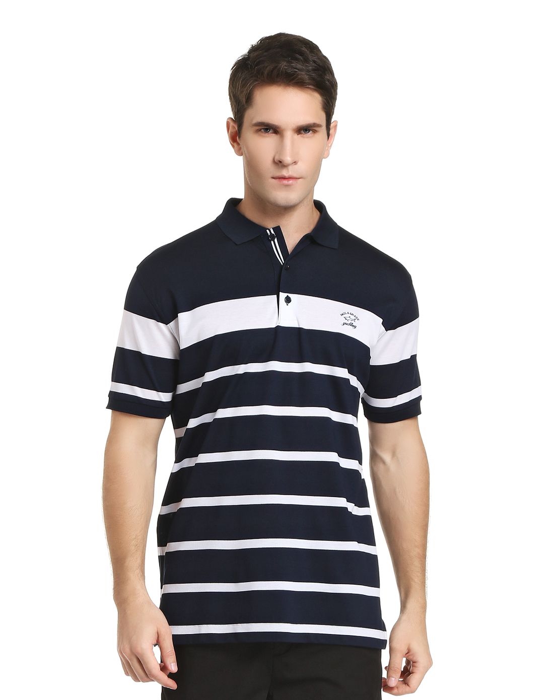paul&shark男款深海蓝/白色刺绣logo条纹全棉polo衫