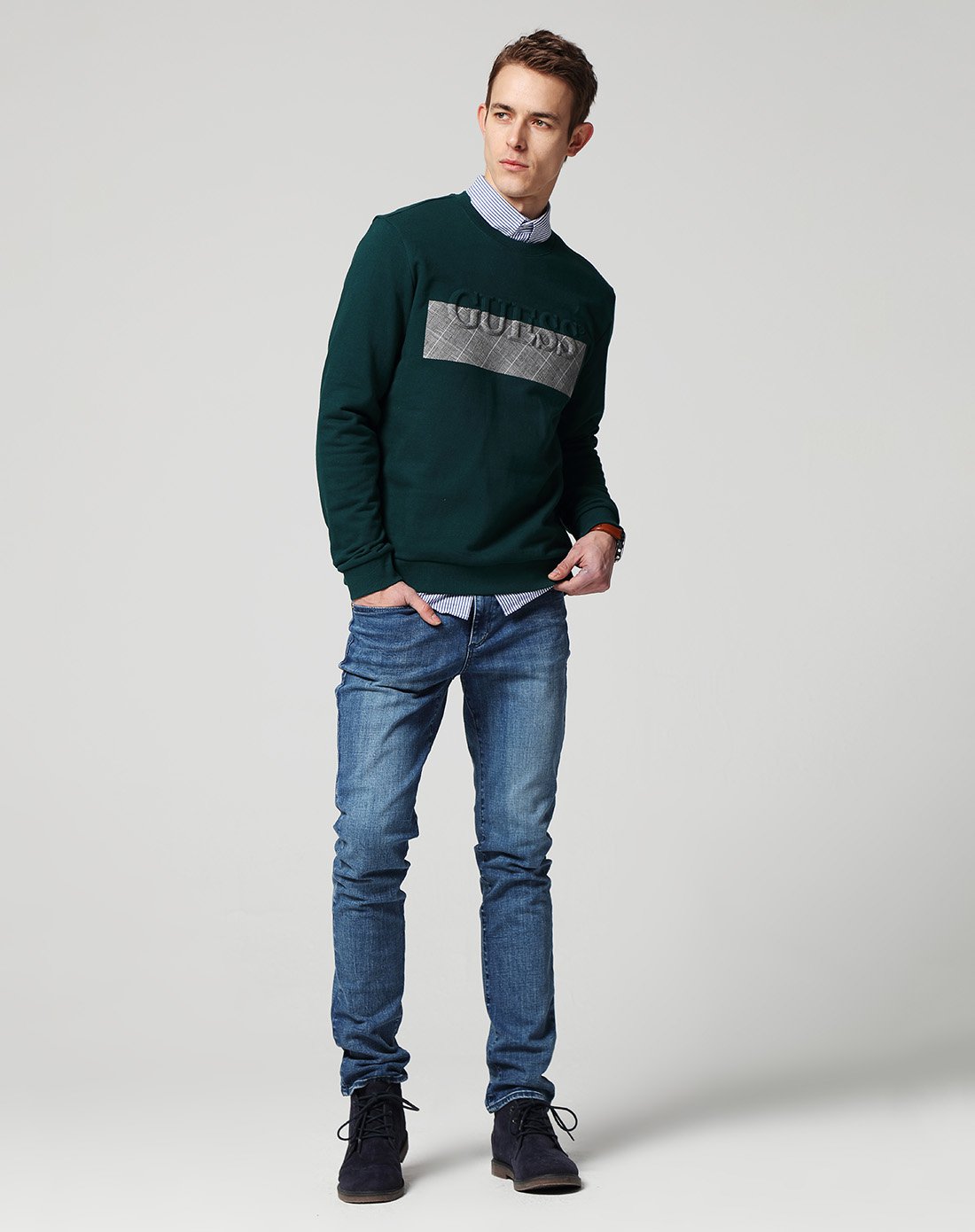 guess 18新男装 夏日重磅上新guess 18春男士格子拼布浮雕logo套头