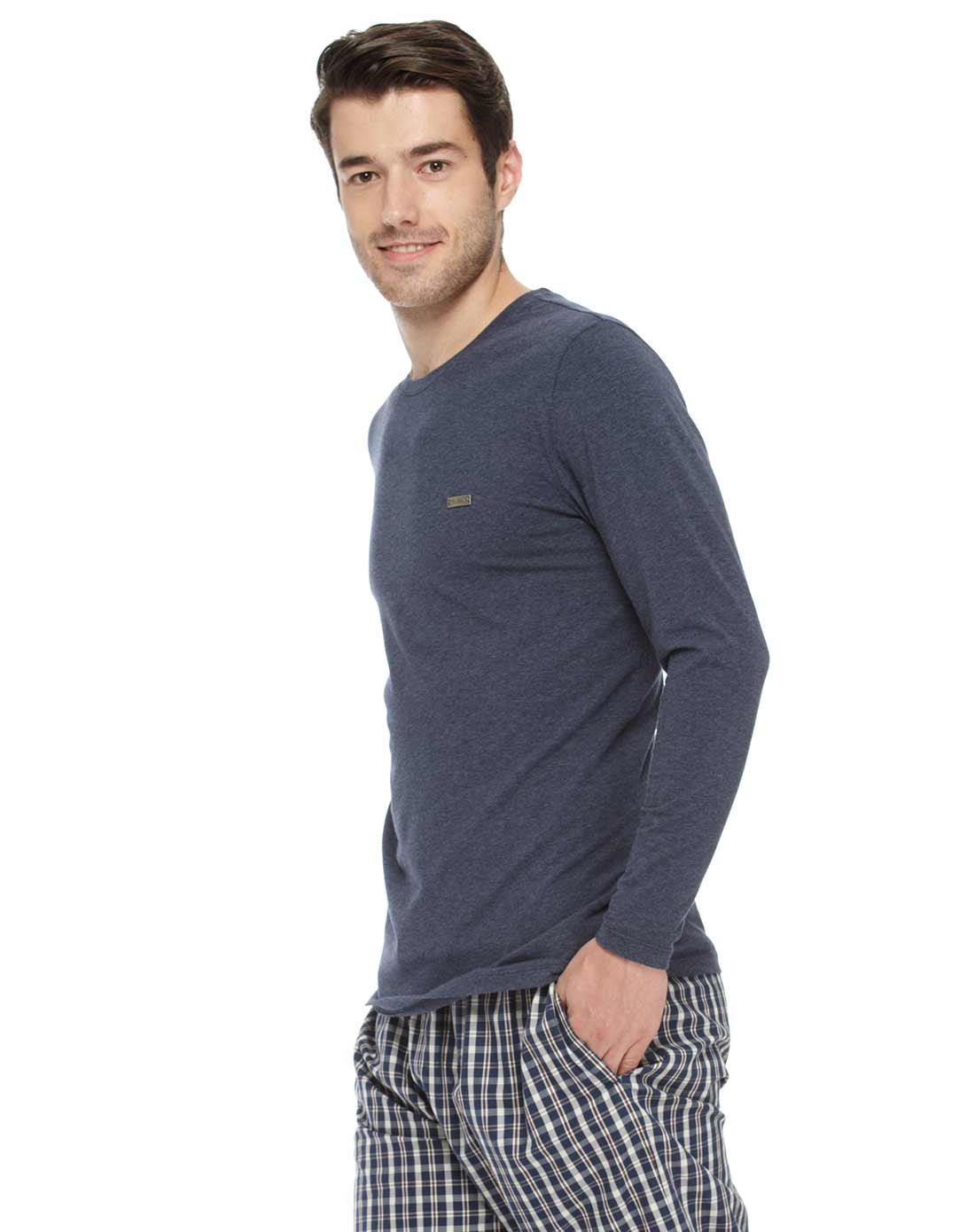 男款蓝灰色弹力柔软长袖打底衫
