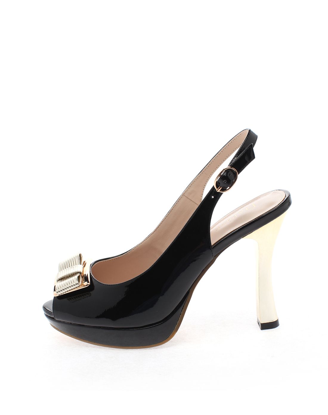 达芙妮ol优雅高细跟鱼嘴黑色女凉鞋