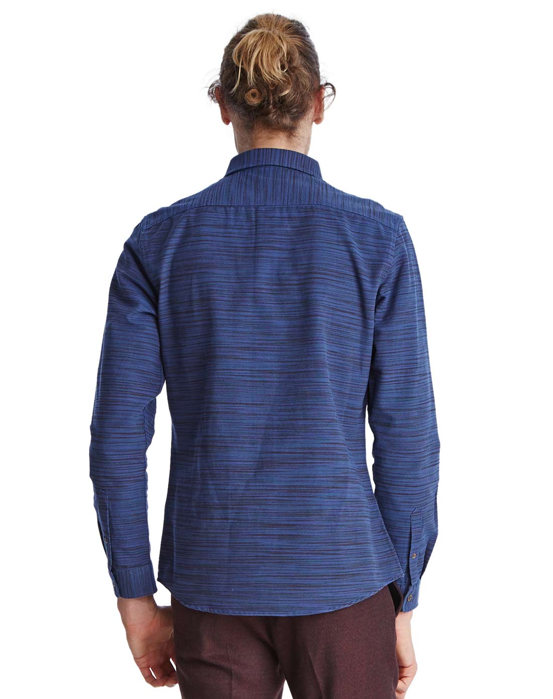 深绿蓝时尚休闲条纹修身长袖衬衫