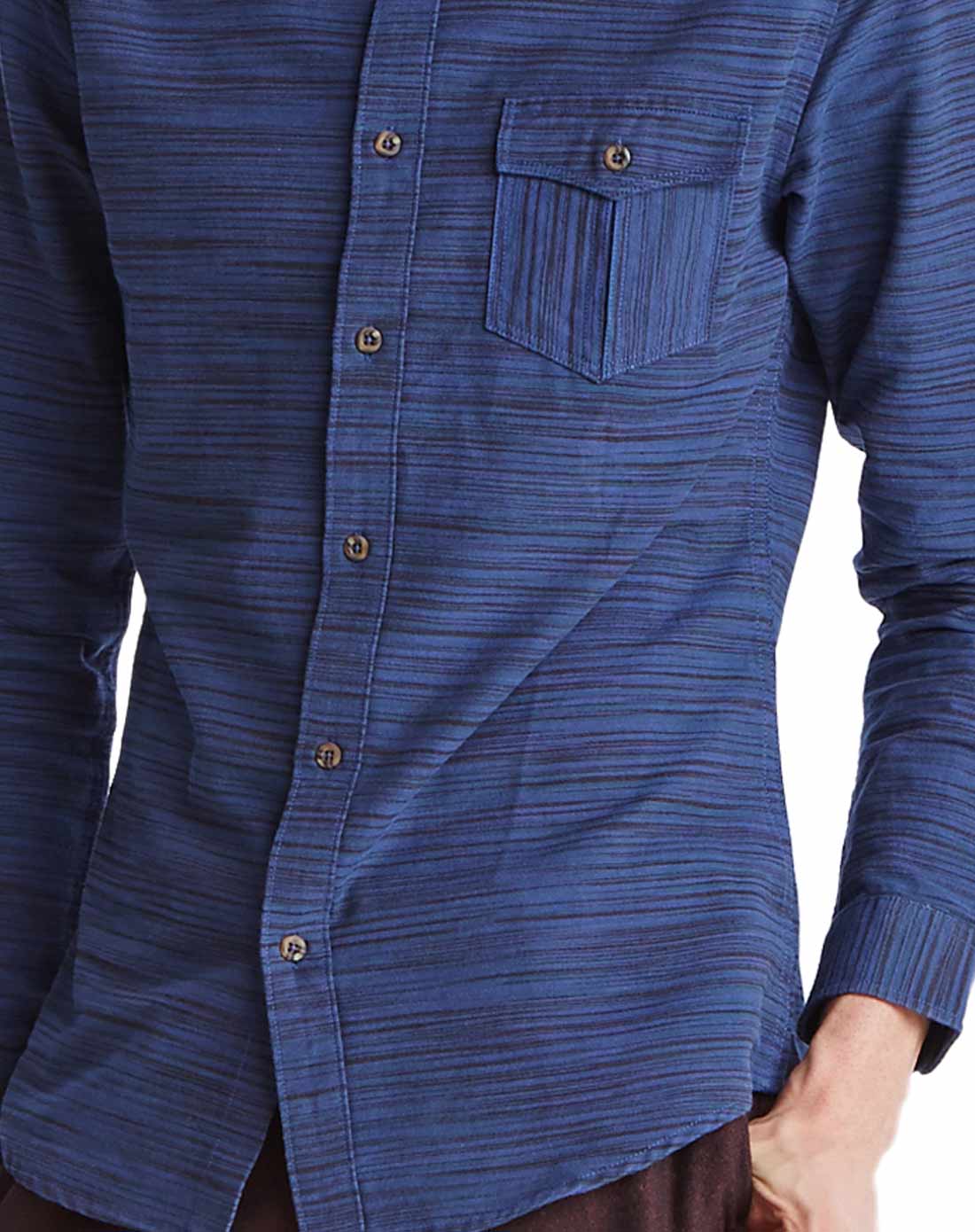 深绿蓝时尚休闲条纹修身长袖衬衫