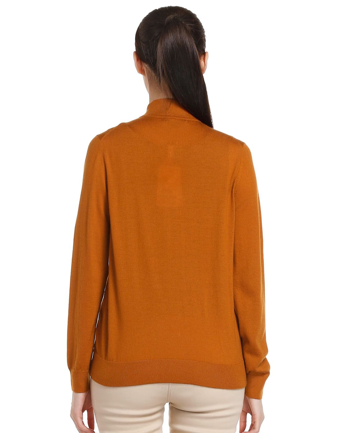 深桔黄色舒适开襟长袖山羊绒衫