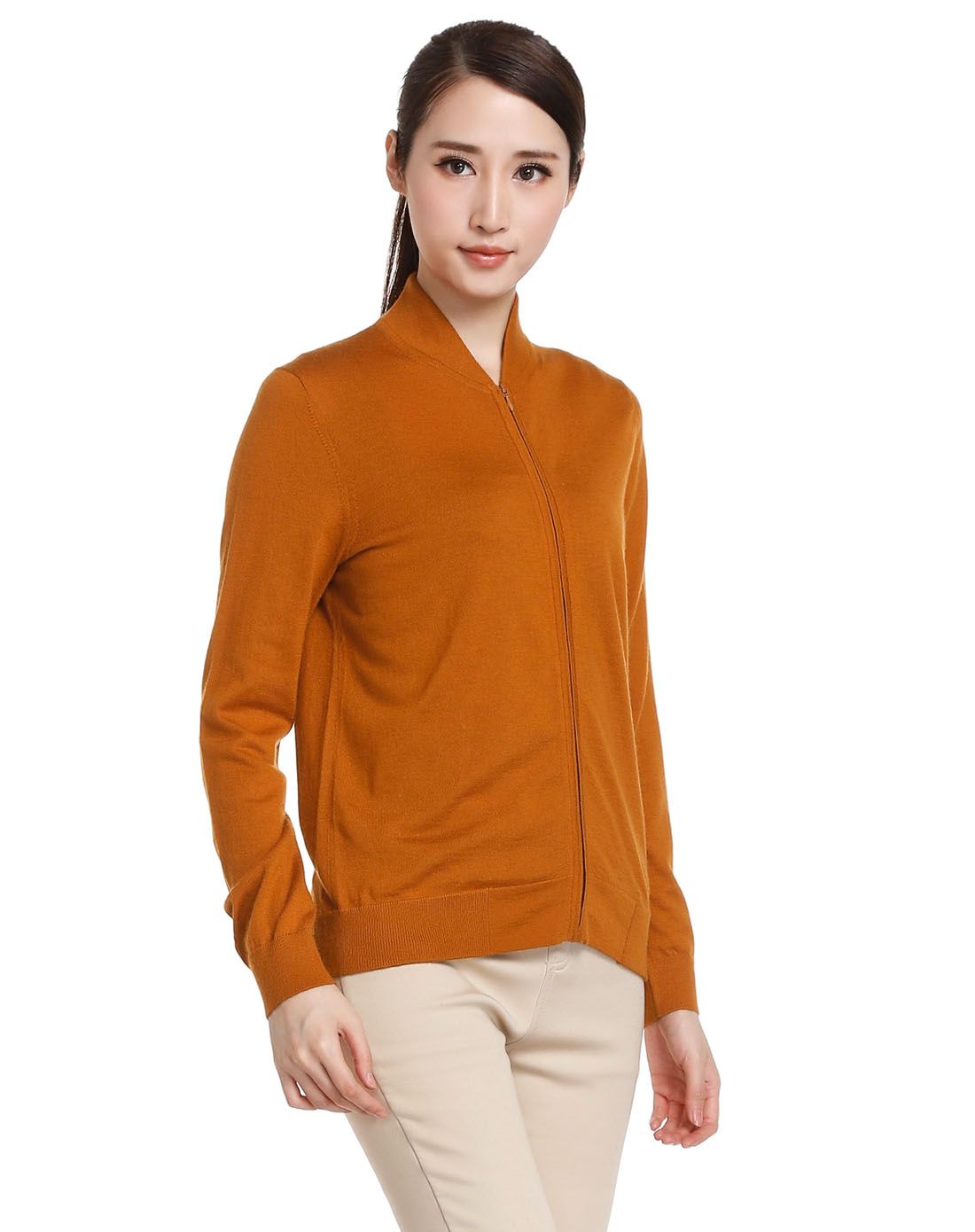 深桔黄色舒适开襟长袖山羊绒衫