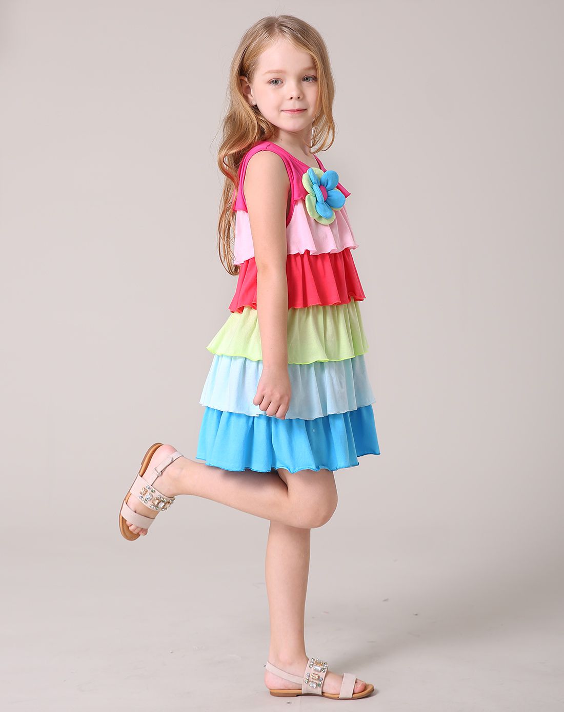 恋采依女童专场女童彩虹色可爱太阳花彩虹裙16ss13086cai_唯品会