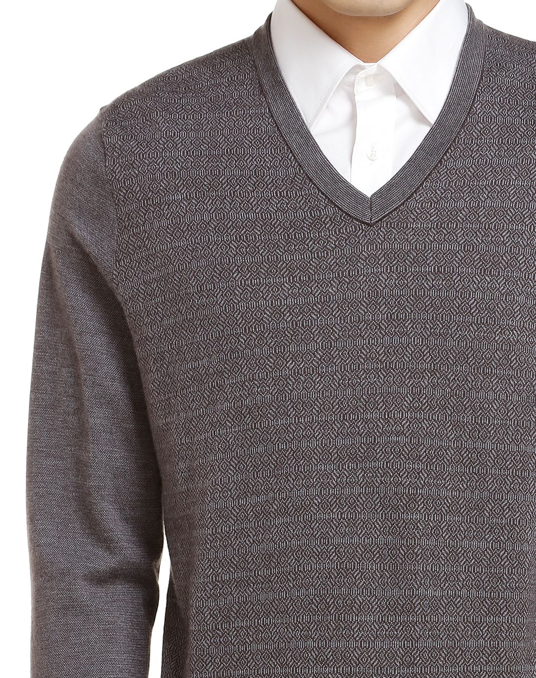 棕/灰色提花商务长袖山羊绒衫