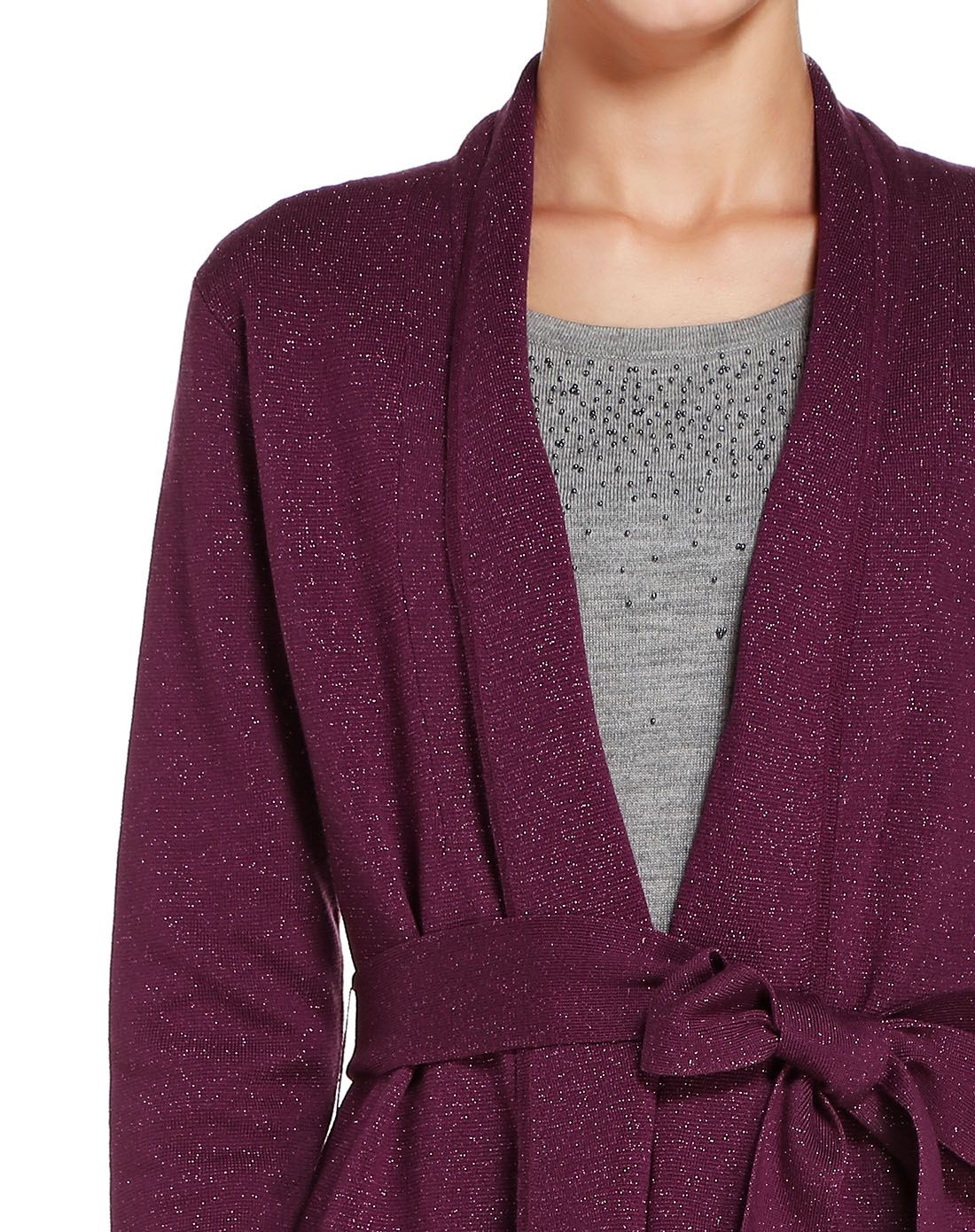 深玫红色闪耀气质长袖中长款针织外套