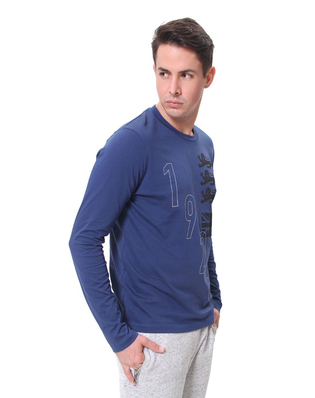 kent&curwen男款蓝色三狮米字旗纯棉长袖t恤