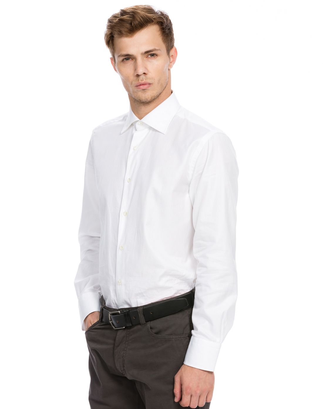 > canali男式纯白色长袖经典衬衫