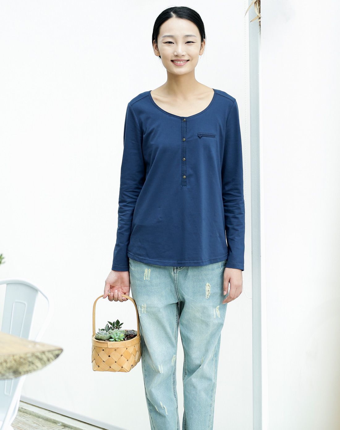 女款藏蓝文艺中长款宽松五分袖t恤