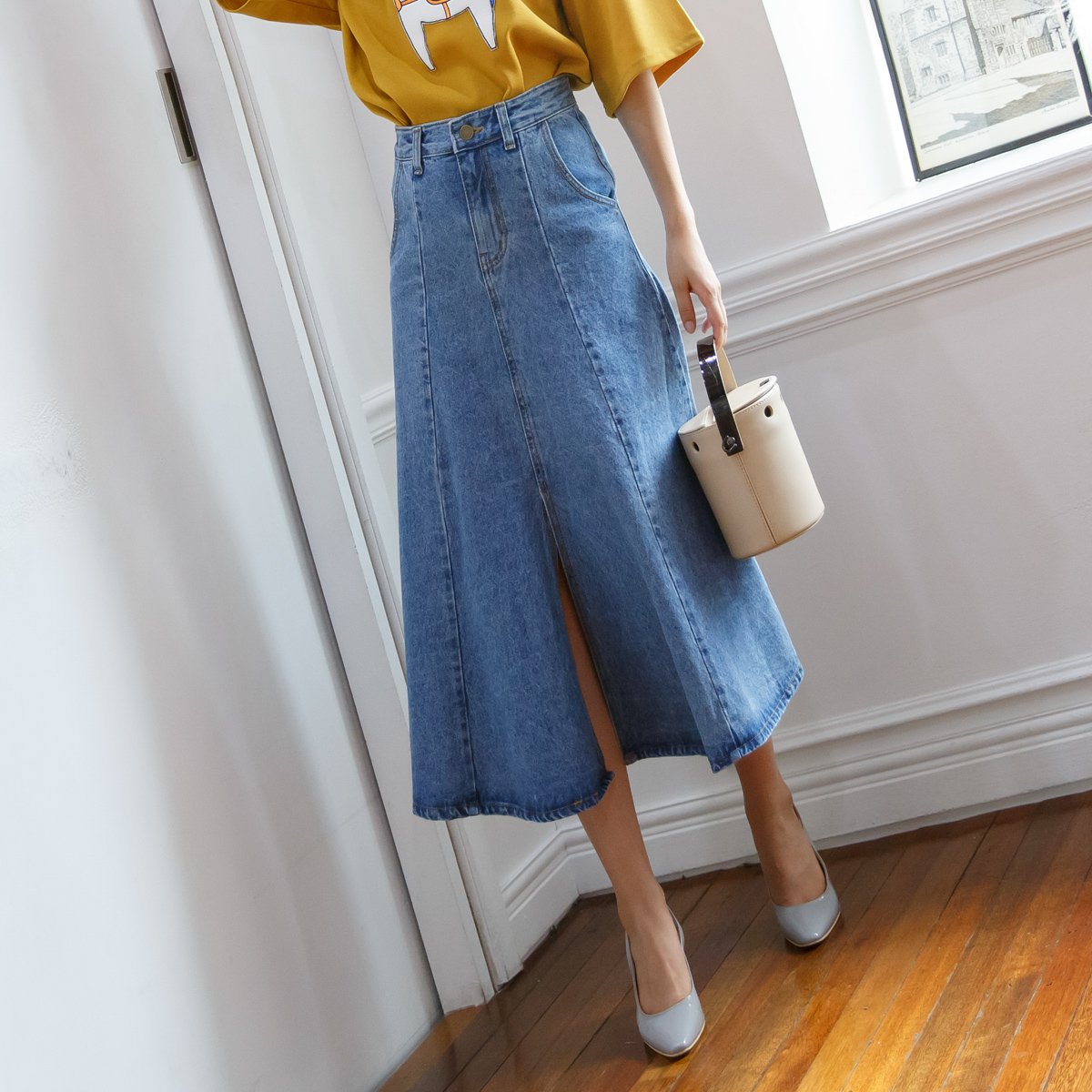 marie stories 2018秋冬新款 时尚百搭潮款高腰大摆喇叭型长款牛仔裙