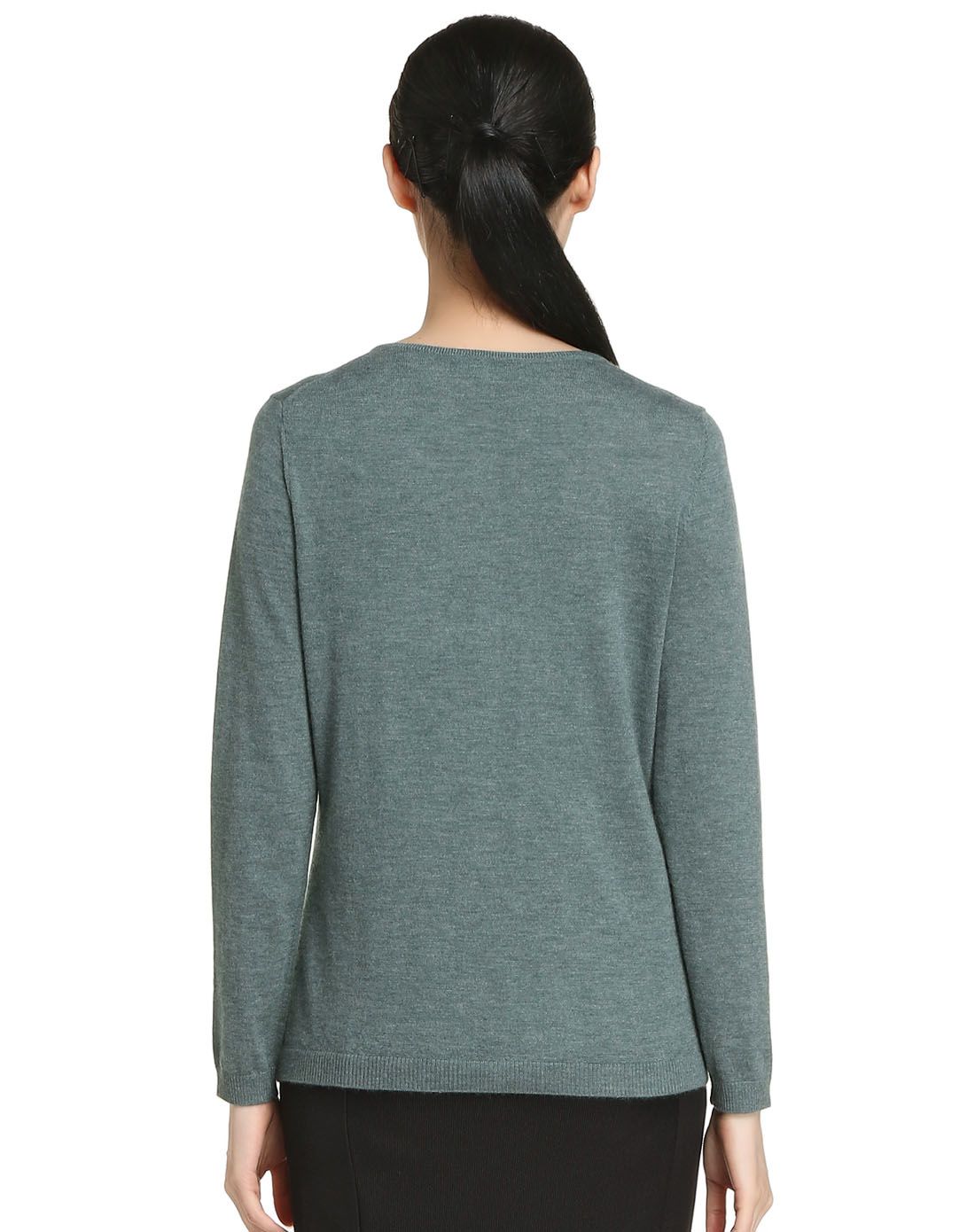 女款豆绿色基本款开襟长袖山羊绒衫