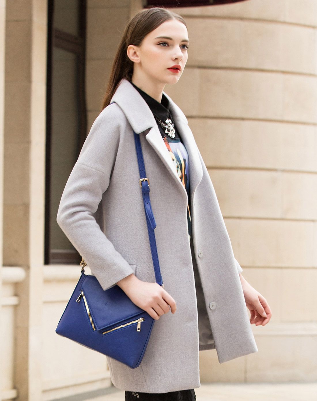 花灰欧美风宽松廓型毛呢大衣