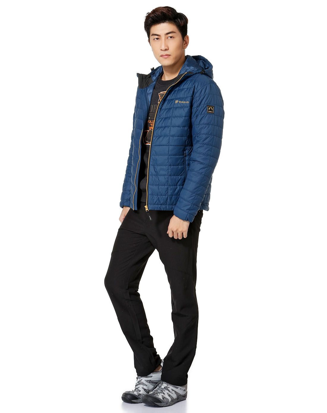 中空发热 男款铁蓝灰色轻质长袖棉服 连帽舒适