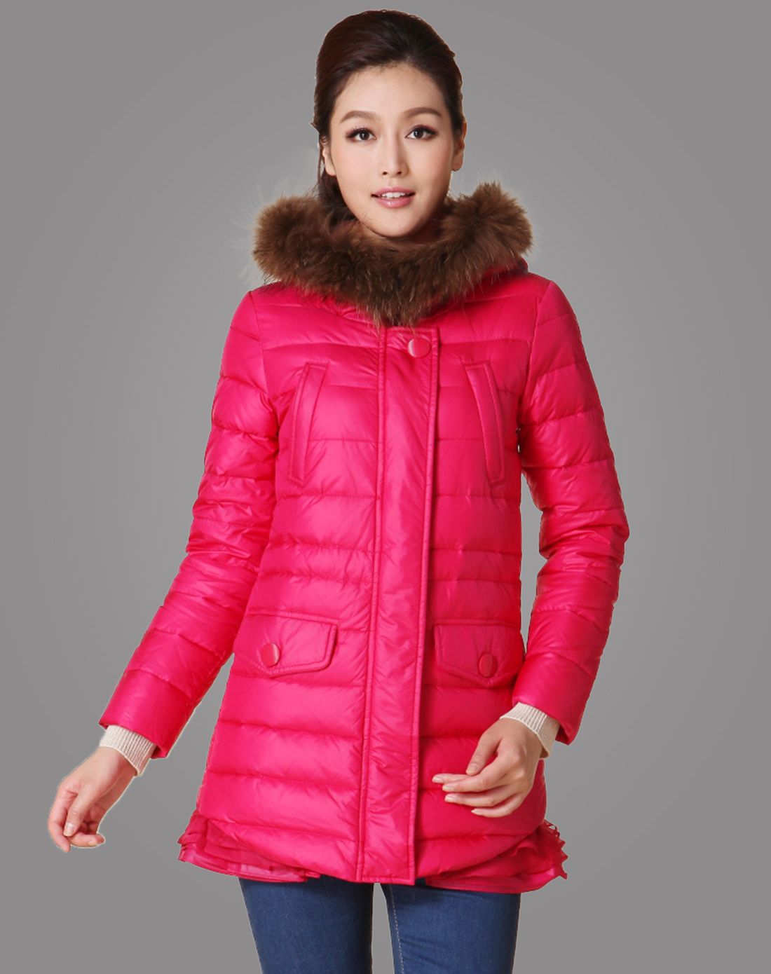 女款玫红色典雅中长款长袖羽绒服