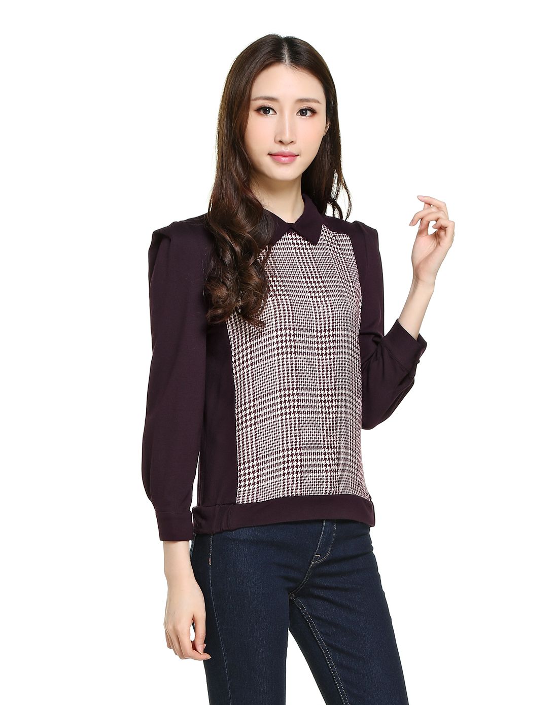 紫褐/米白色提花拼接翻领上衣