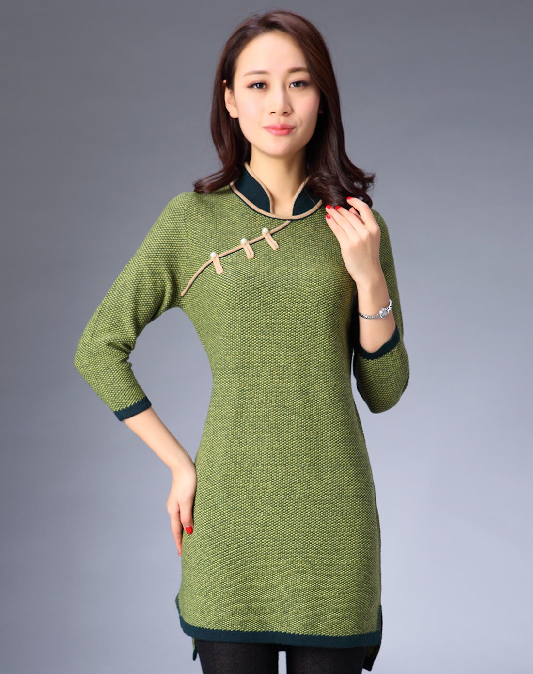 女款绿色古典甜美长袖针织旗袍连衣裙