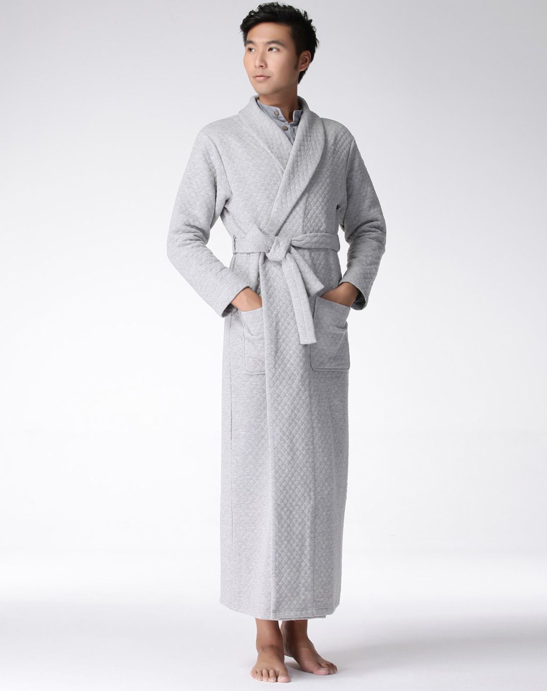 精梳棉翻领夹棉保暖男式家居袍