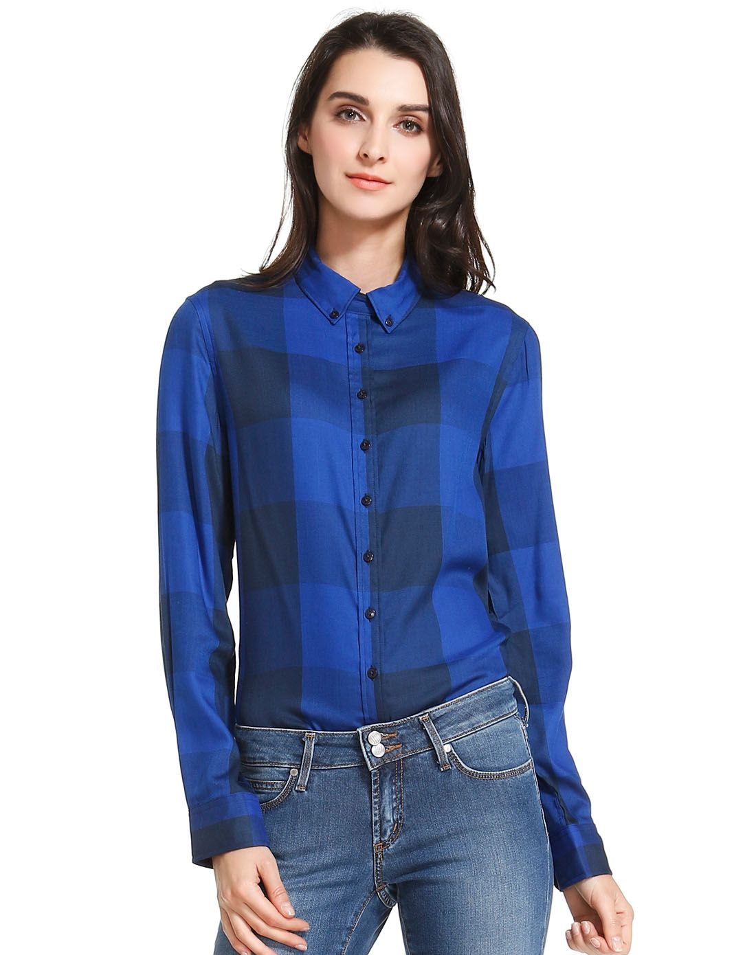 女款深蓝/藏蓝色都市时尚格子长袖衬衫