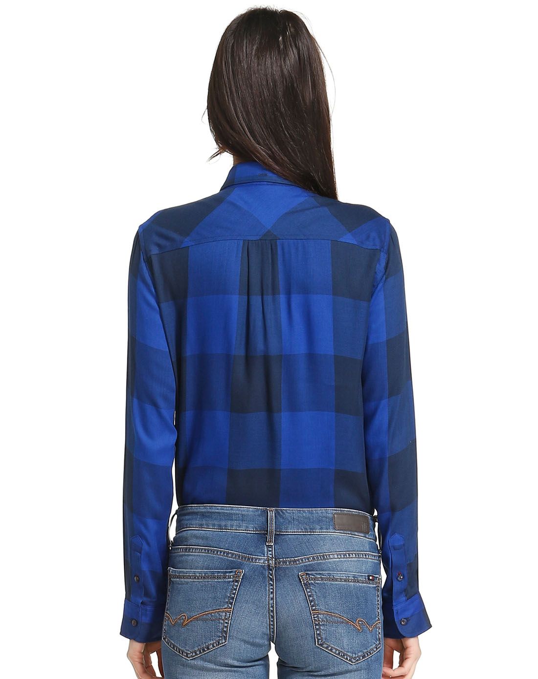 女款深蓝/藏蓝色都市时尚格子长袖衬衫