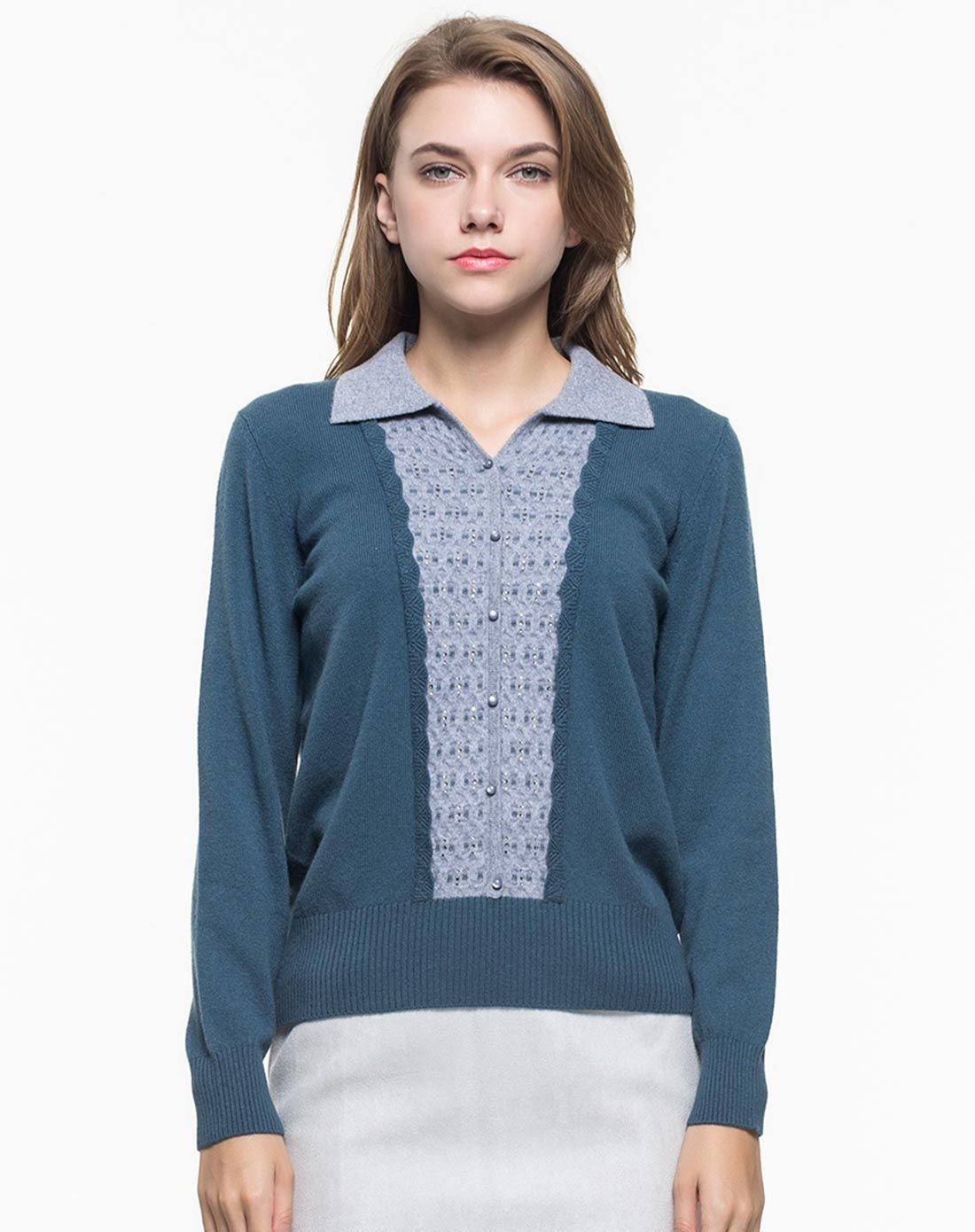 女式墨兰色100%山羊绒提花钻饰羊绒t恤