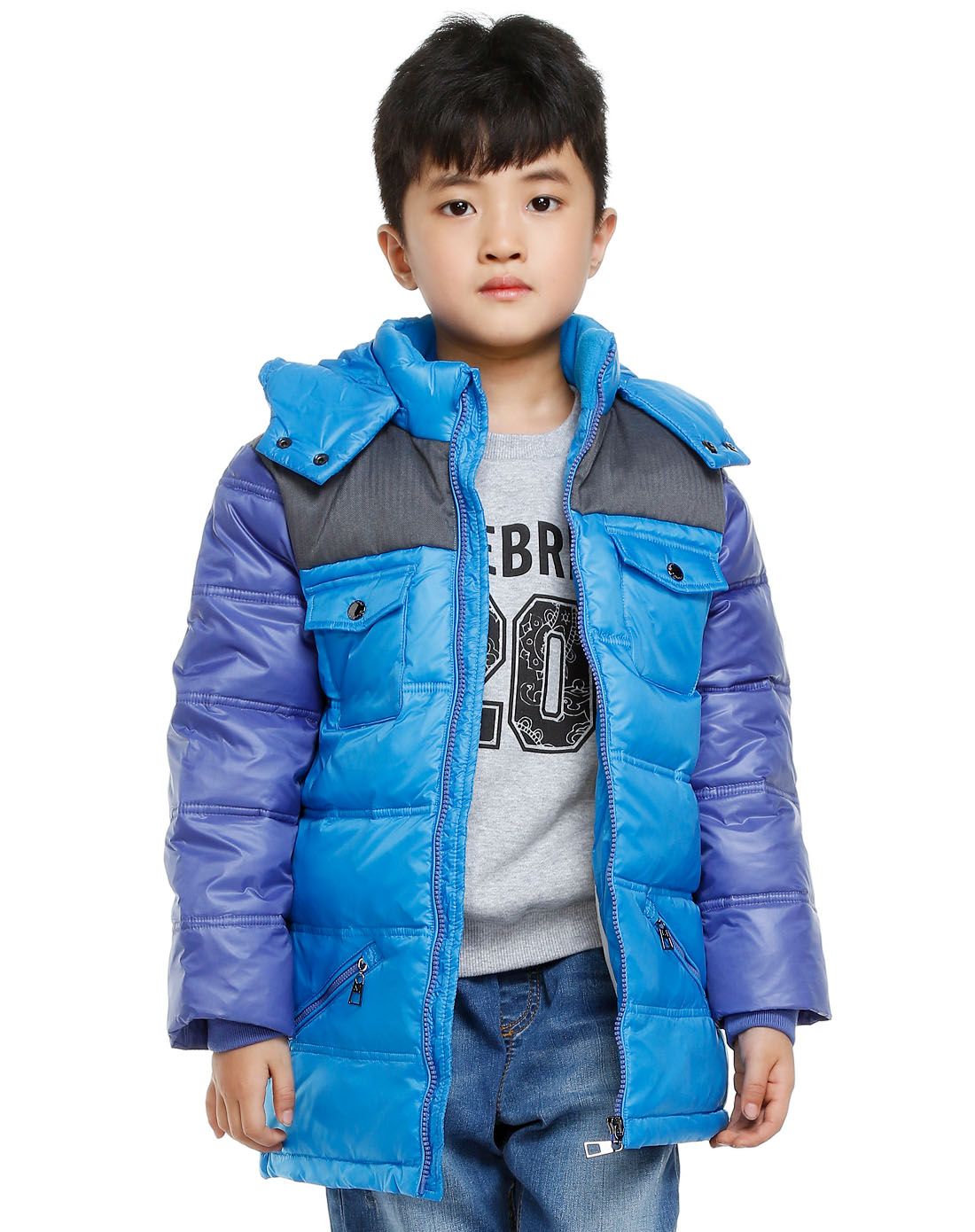 男童浅蓝色休闲多色长袖羽绒服