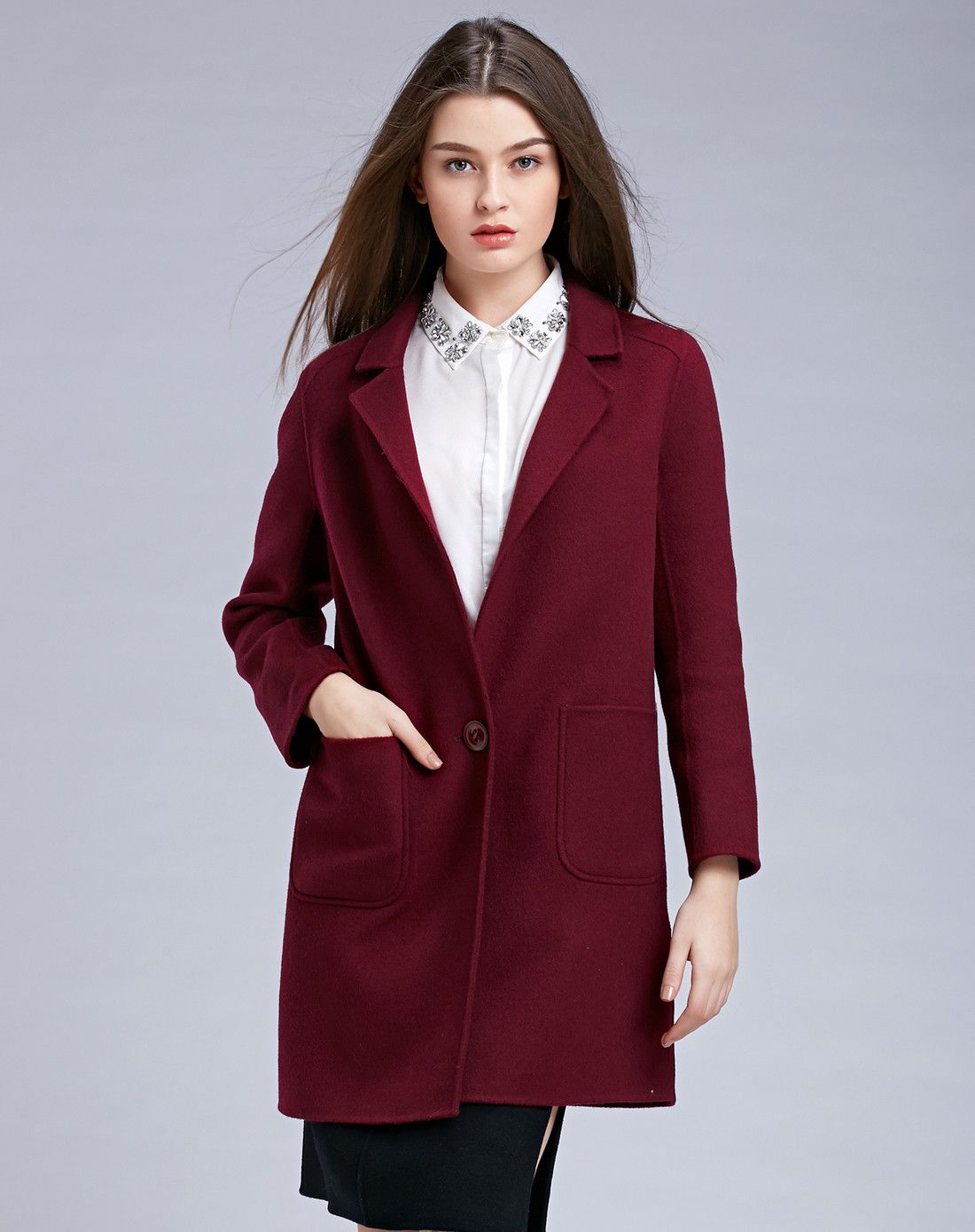 女款枣红色西装领双面呢大衣