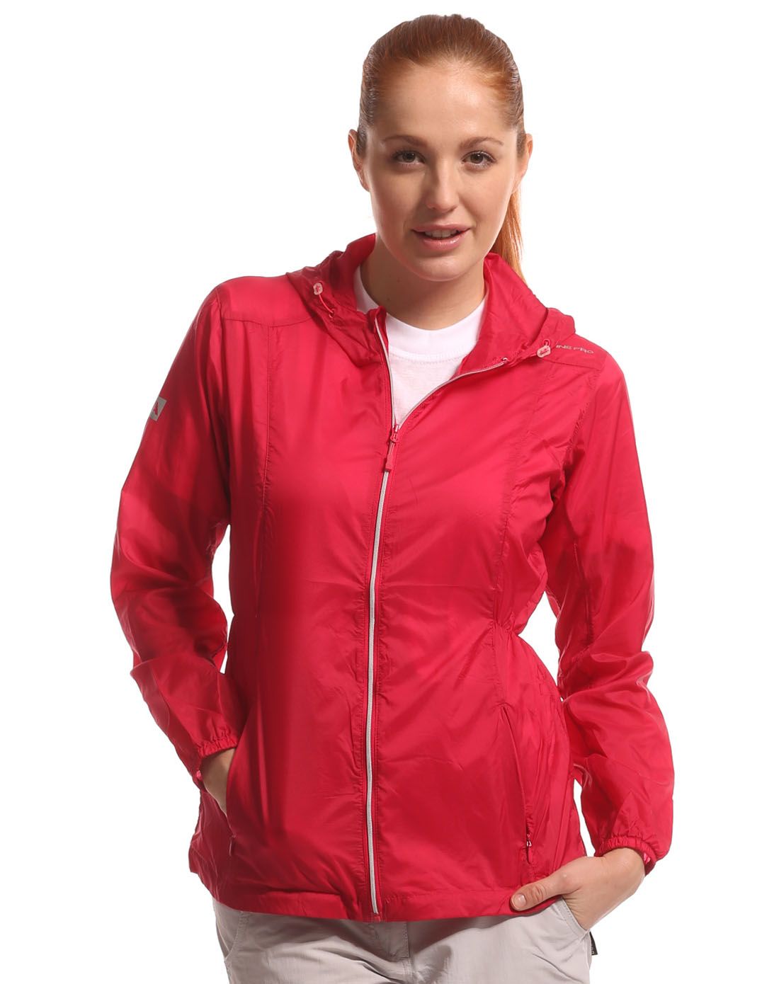 轻薄透气 女款红色皮肤衣 连帽长袖