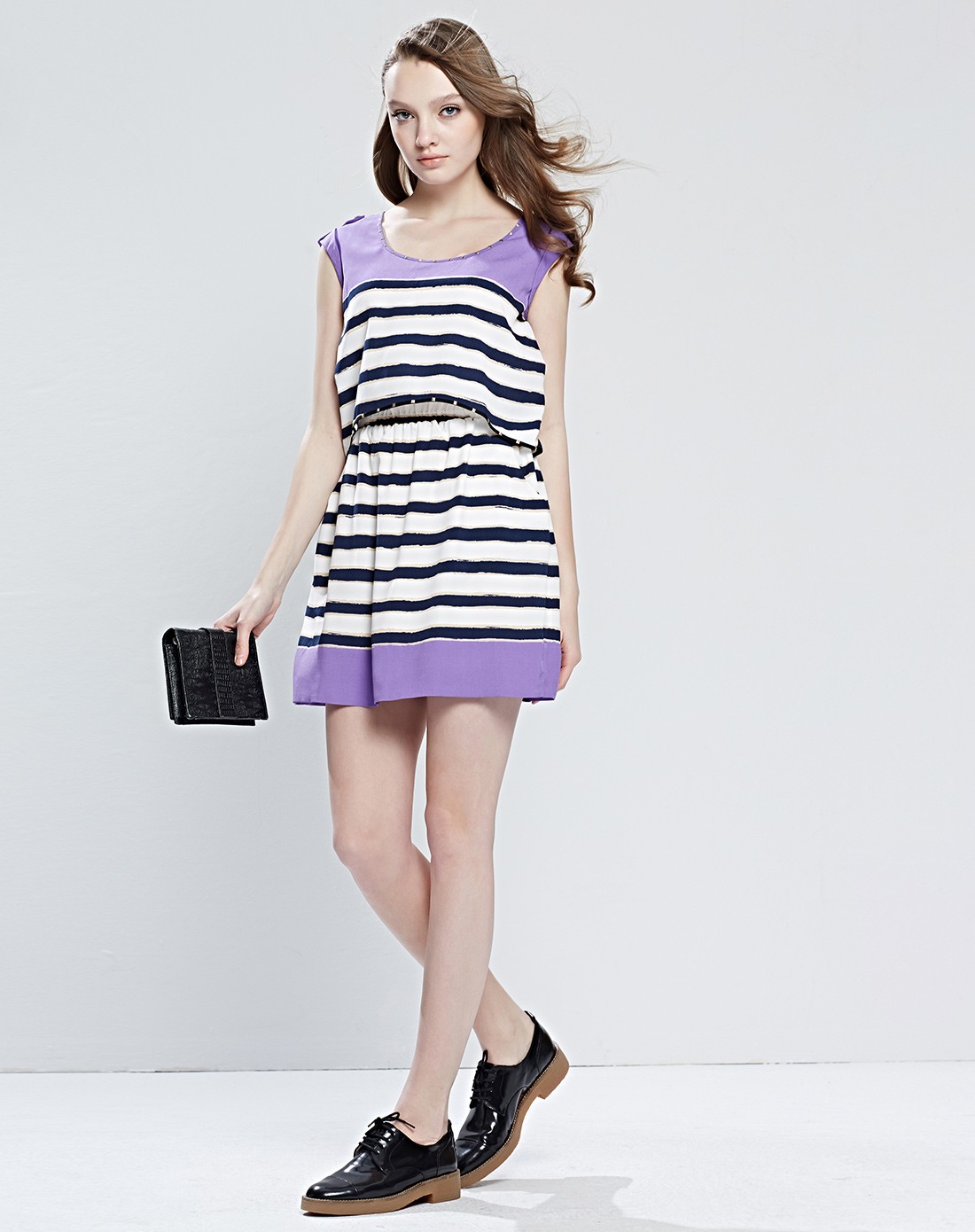 艾莱依eral韩版修身拼接条纹高档雪纺连衣裙